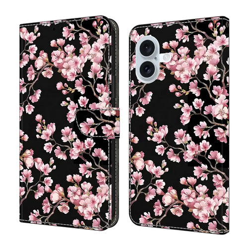 For iPhone 17 Case Foldable Stand Wallet Pattern Printing PU Leather Flip Phone Cover - Peach Blossom - 1