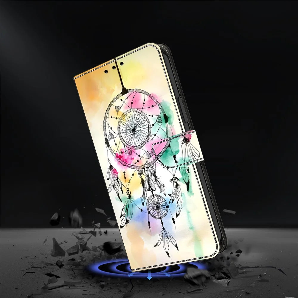 For iPhone Air Case Foldable Stand Wallet Pattern Printing PU Leather Flip Phone Cover - Ink Feather Dreamcatcher - 4