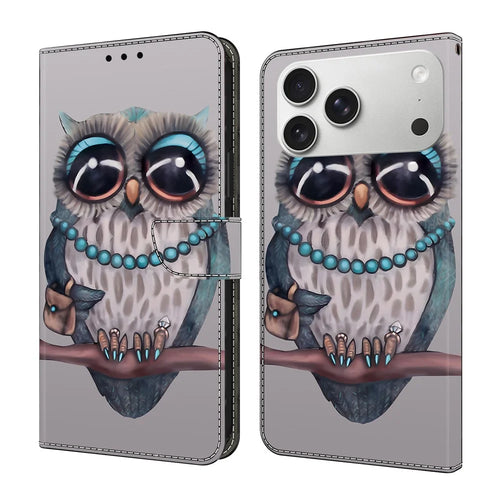 For iPhone 18 Pro / 17 Pro Case Foldable Stand Wallet Pattern Printing PU Leather Flip Phone Cover - Necklace Owl - 1