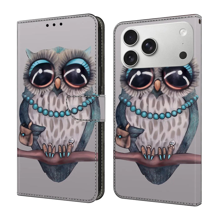For iPhone 18 Pro Max / 17 Pro Max Case Foldable Stand Wallet Pattern Printing PU Leather Flip Phone Cover - Necklace Owl - 1