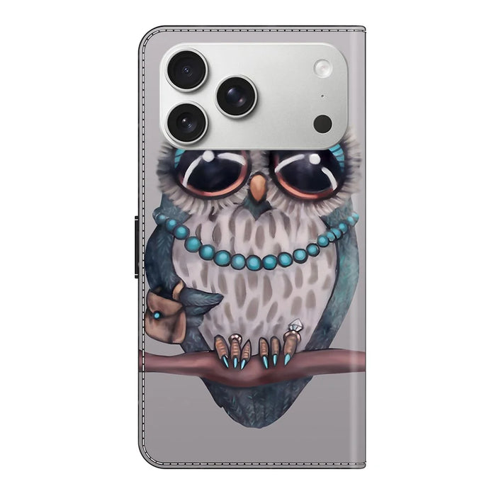 For iPhone 18 Pro Max / 17 Pro Max Case Foldable Stand Wallet Pattern Printing PU Leather Flip Phone Cover - Necklace Owl - 6