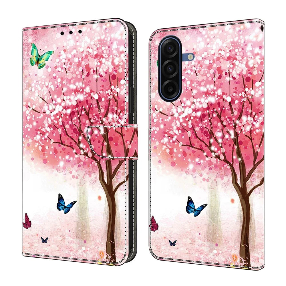 For Samsung Galaxy A18 5G /  A17 5G  /  4G Case Foldable Stand Wallet Pattern Printing PU Leather Flip Phone Cover - Cherry Blossom Butterfly - 1