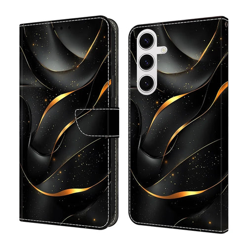 For Samsung Galaxy S25 Case Foldable Stand Wallet Pattern Printing PU Leather Flip Phone Cover - Golden Ribbon - 1