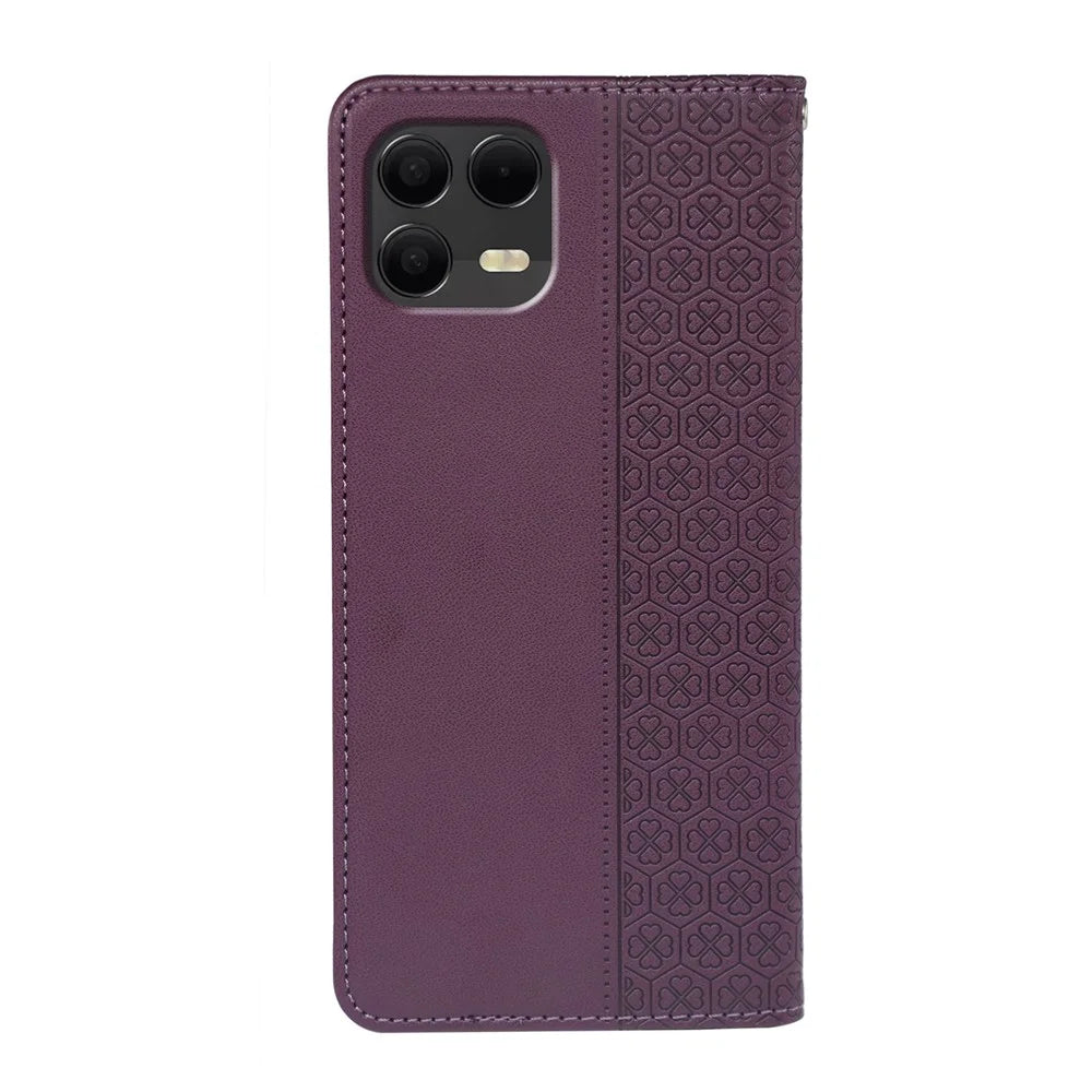 For T-Mobile Revvl 8 Pro Case Four Leaf Clover Leather Flip Phone Cover Stand Wallet - Dark Purple - 5