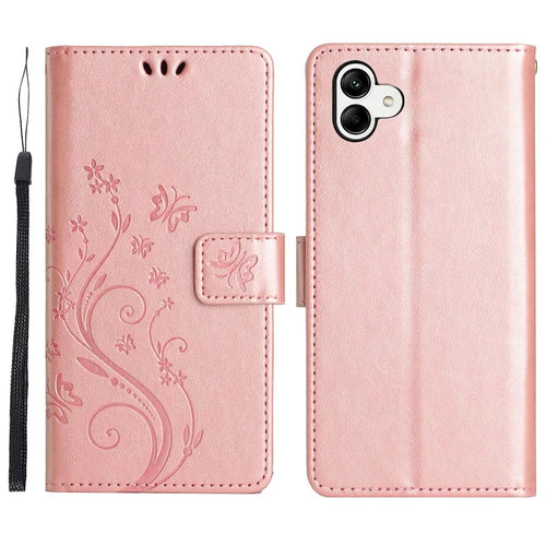 For Samsung Galaxy A04 4G (164.4 x 76.3 x 9.1 mm) Flower Butterfly Imprinted Protective Cover PU Leather Phone Wallet Stand Anti-drop Case - Rose Gold - 1