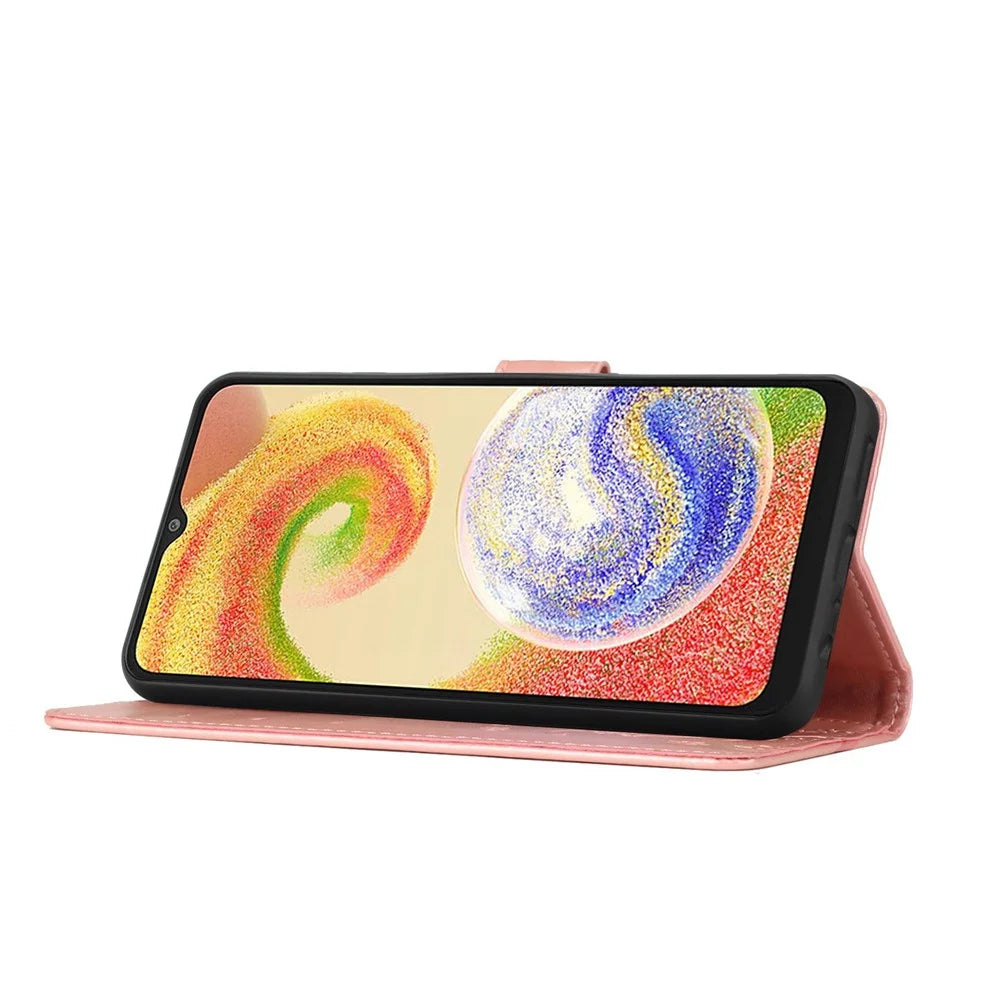 For Samsung Galaxy A04 4G (164.4 x 76.3 x 9.1 mm) Flower Butterfly Imprinted Protective Cover PU Leather Phone Wallet Stand Anti-drop Case - Rose Gold - 3