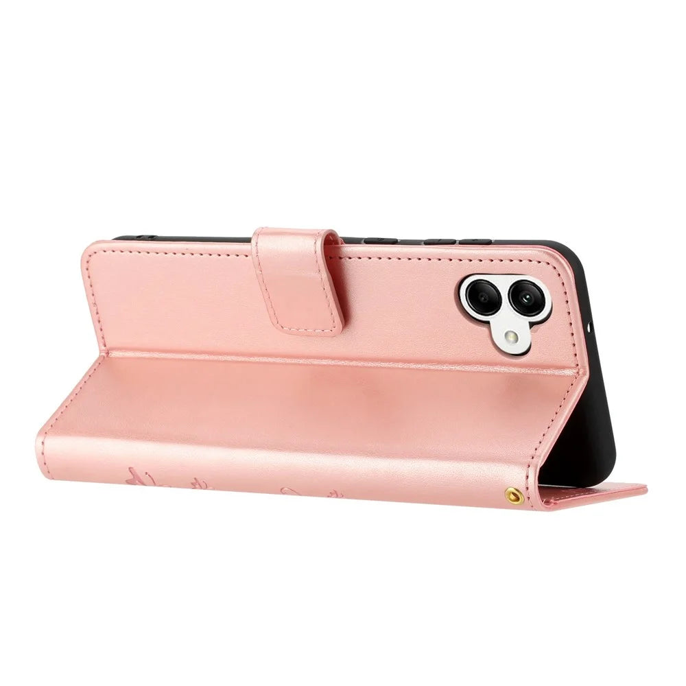 For Samsung Galaxy A04 4G (164.4 x 76.3 x 9.1 mm) Flower Butterfly Imprinted Protective Cover PU Leather Phone Wallet Stand Anti-drop Case - Rose Gold - 4