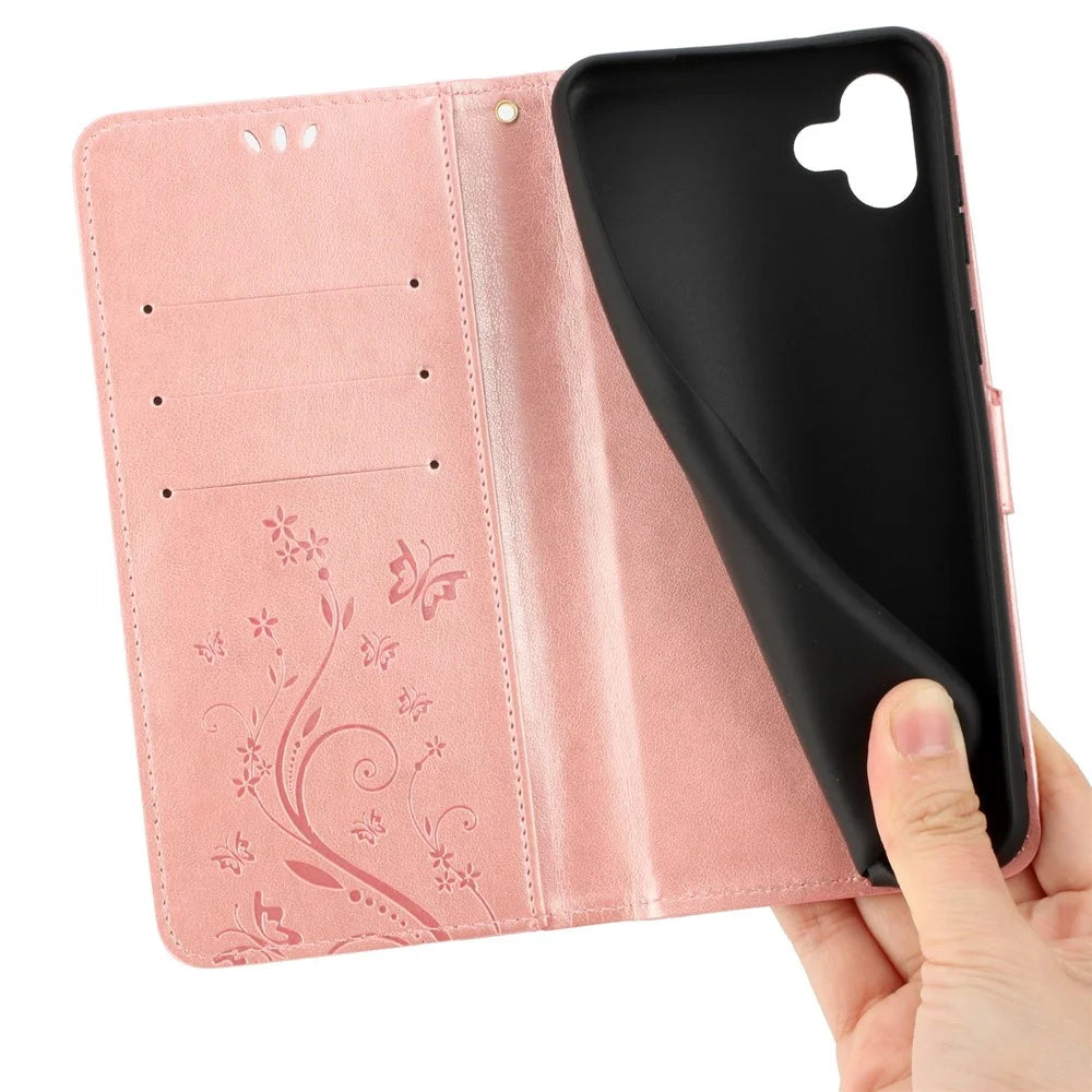 For Samsung Galaxy A04 4G (164.4 x 76.3 x 9.1 mm) Flower Butterfly Imprinted Protective Cover PU Leather Phone Wallet Stand Anti-drop Case - Rose Gold - 5