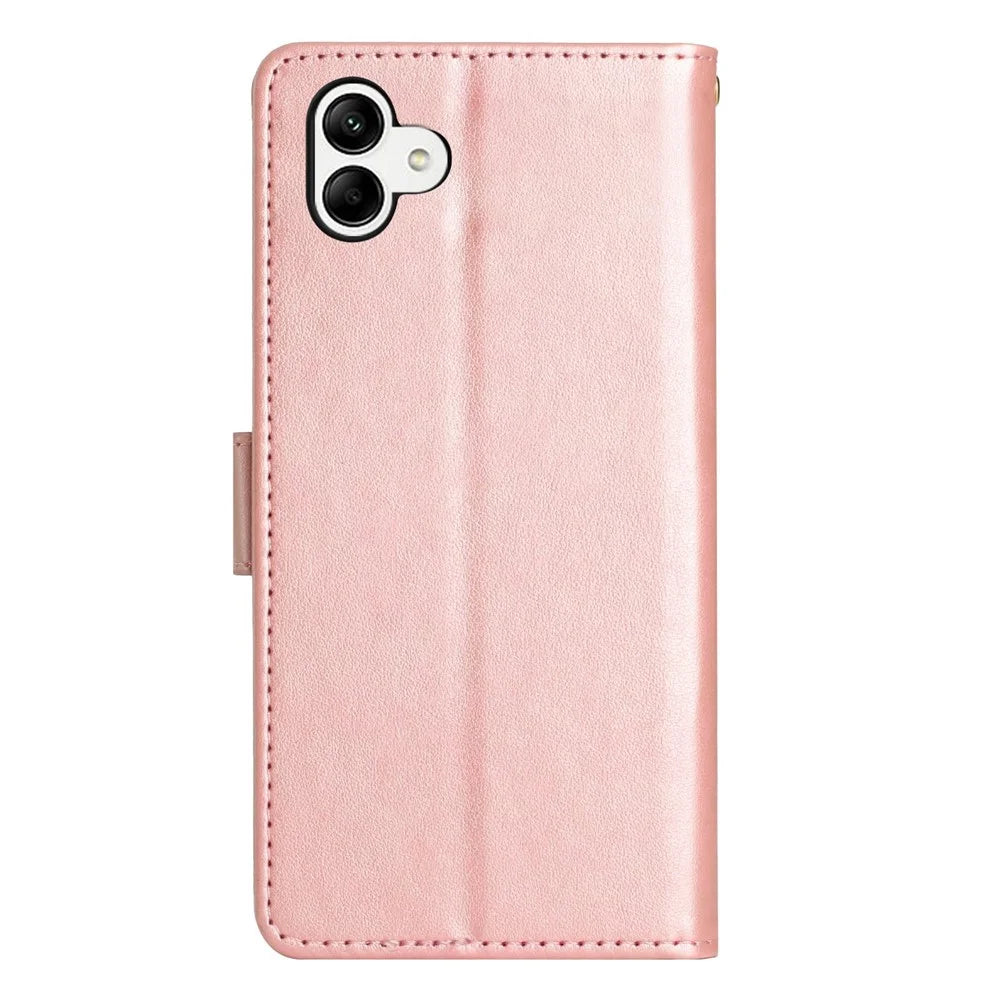 For Samsung Galaxy A04 4G (164.4 x 76.3 x 9.1 mm) Flower Butterfly Imprinted Protective Cover PU Leather Phone Wallet Stand Anti-drop Case - Rose Gold - 7