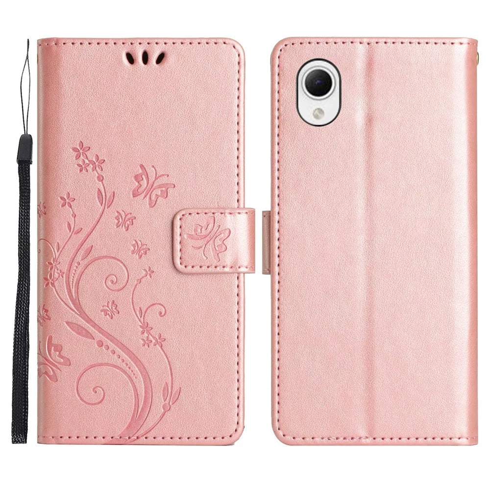 For Samsung Galaxy A23e Imprinting Flower Butterfly Phone Cover PU Leather Shockproof Wallet Stand Case - Rose Gold - 1