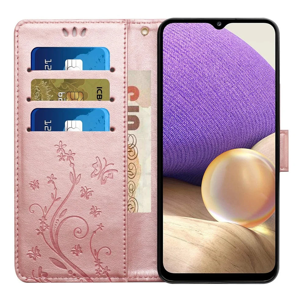 For Samsung Galaxy A23e Imprinting Flower Butterfly Phone Cover PU Leather Shockproof Wallet Stand Case - Rose Gold - 2