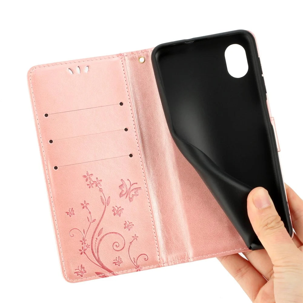 For Samsung Galaxy A23e Imprinting Flower Butterfly Phone Cover PU Leather Shockproof Wallet Stand Case - Rose Gold - 3