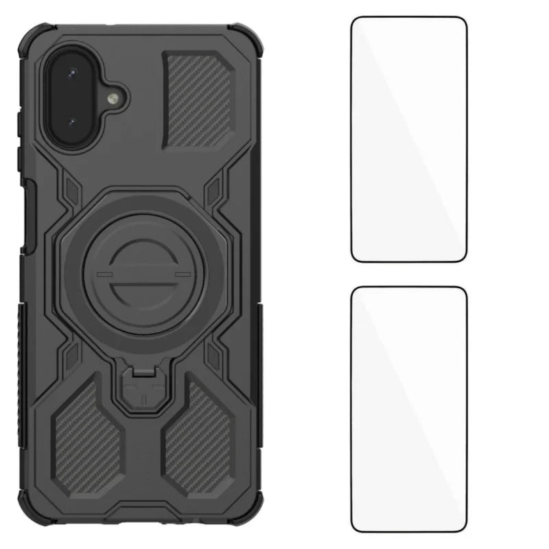 WANLONFENG For Samsung Galaxy A08 4G / A07 4G Case Kickstand with 2Pcs Screen Film  KJ Series PC TPU Phone Cover (Big Lens Hole) - Black - 1