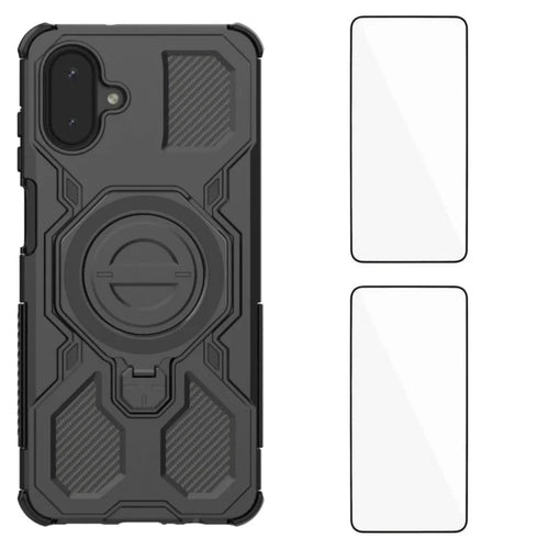 WANLONFENG For Samsung Galaxy A08 4G / A07 4G Case Kickstand with 2Pcs Screen Film  KJ Series PC TPU Phone Cover (Big Lens Hole) - Black - 1