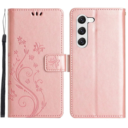 For Samsung Galaxy S23 Flower Butterfly Imprinted Protective Cover with Stand PU Leather Phone Wallet Case - Rose Gold - 1