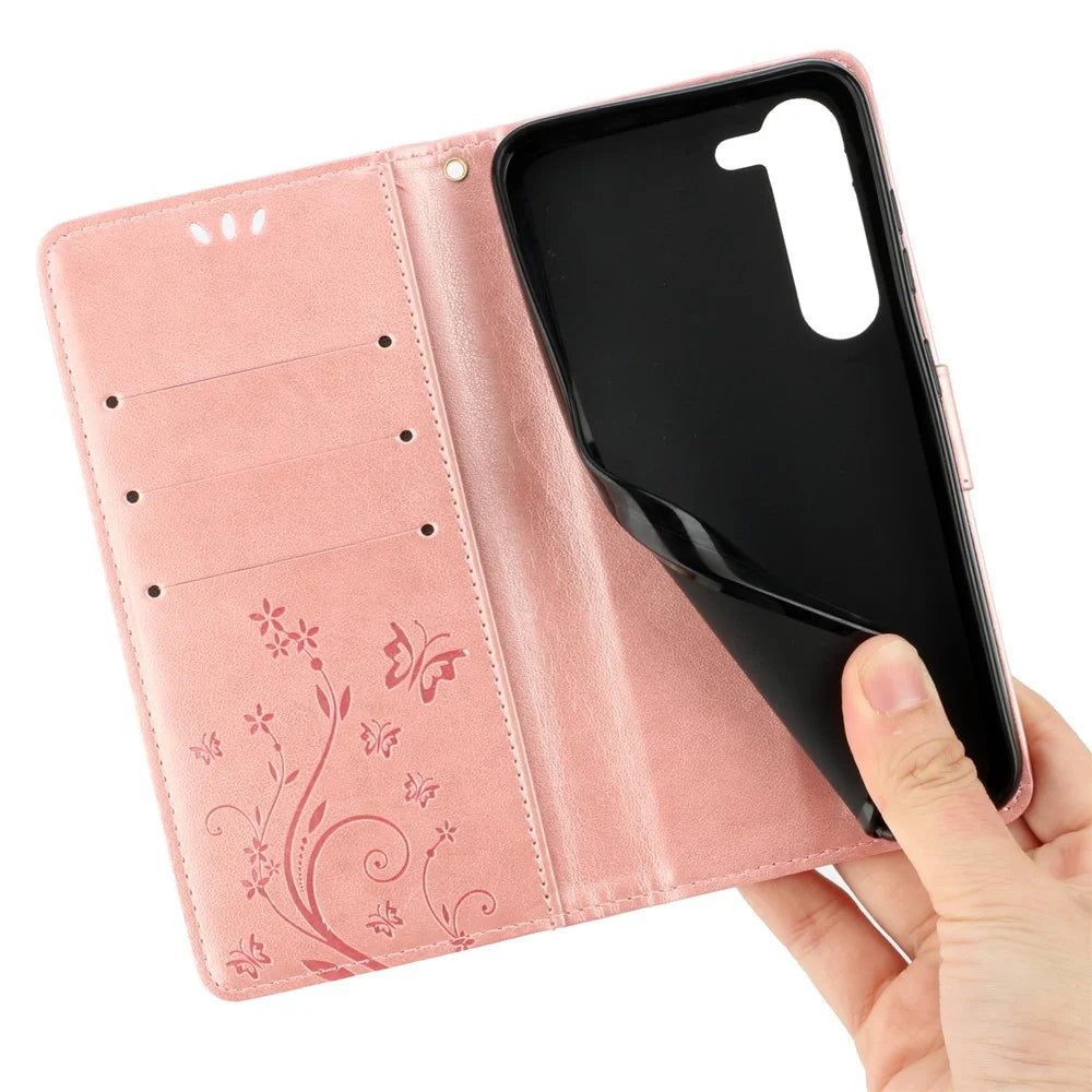 For Samsung Galaxy S23 Flower Butterfly Imprinted Protective Cover with Stand PU Leather Phone Wallet Case - Rose Gold - 3