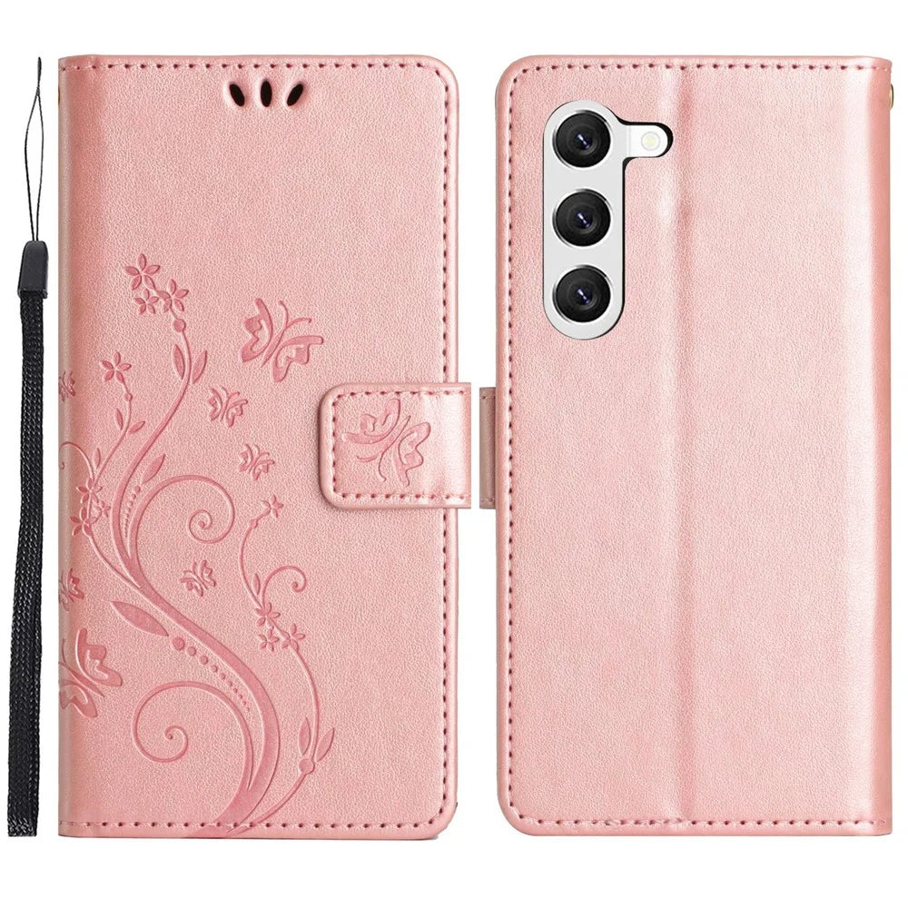 For Samsung Galaxy S23+ PU Leather Stand Wallet Case Imprinting Flower Butterflies Magnetic Clasp Phone Cover - Rose Gold - 1