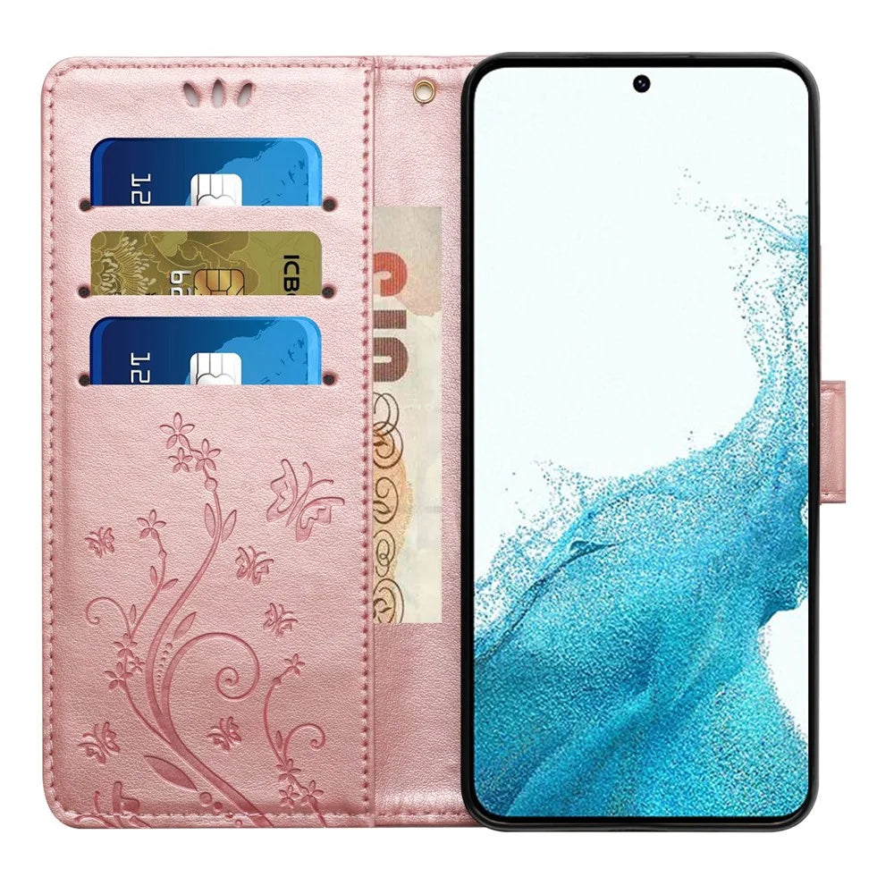 For Samsung Galaxy S23+ PU Leather Stand Wallet Case Imprinting Flower Butterflies Magnetic Clasp Phone Cover - Rose Gold - 2