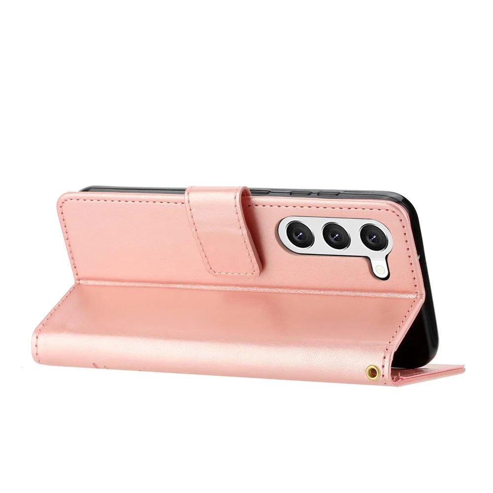 For Samsung Galaxy S23+ PU Leather Stand Wallet Case Imprinting Flower Butterflies Magnetic Clasp Phone Cover - Rose Gold - 4