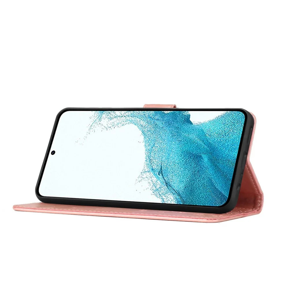 For Samsung Galaxy S23+ PU Leather Stand Wallet Case Imprinting Flower Butterflies Magnetic Clasp Phone Cover - Rose Gold - 5