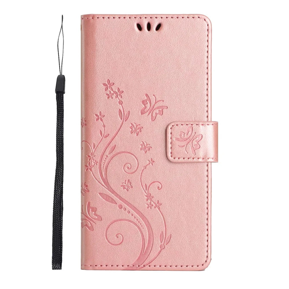 For Samsung Galaxy S23+ PU Leather Stand Wallet Case Imprinting Flower Butterflies Magnetic Clasp Phone Cover - Rose Gold - 6
