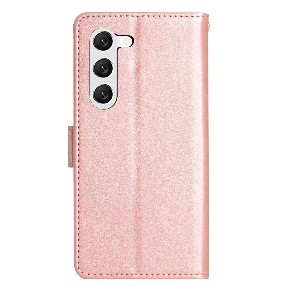 For Samsung Galaxy S23+ PU Leather Stand Wallet Case Imprinting Flower Butterflies Magnetic Clasp Phone Cover - Rose Gold - 7