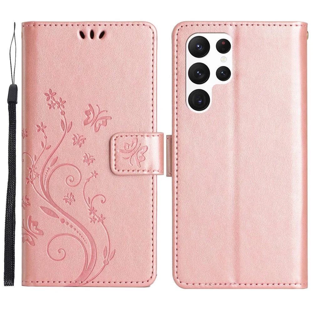 For Samsung Galaxy S23 Ultra Imprinting Flower Butterflies Stand Wallet Case Anti-scratch PU Leather Folio Flip Case - Rose Gold - 1