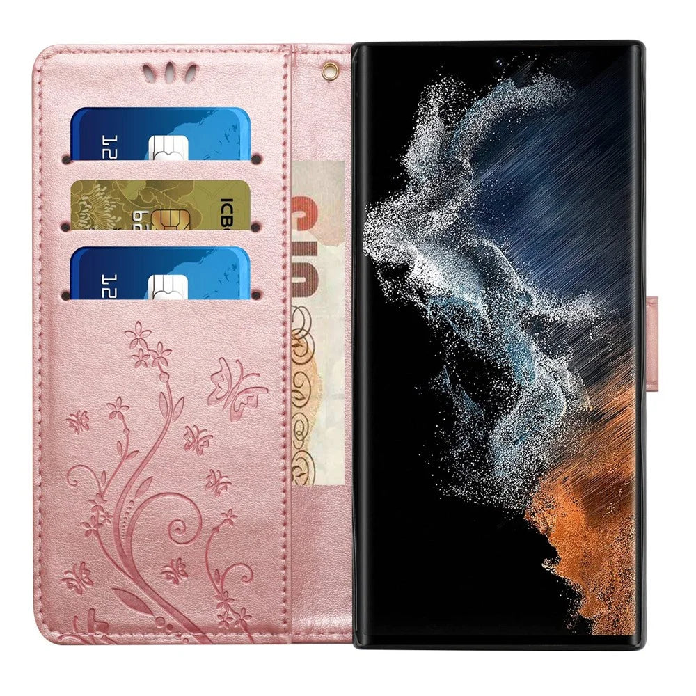 For Samsung Galaxy S23 Ultra Imprinting Flower Butterflies Stand Wallet Case Anti-scratch PU Leather Folio Flip Case - Rose Gold - 2