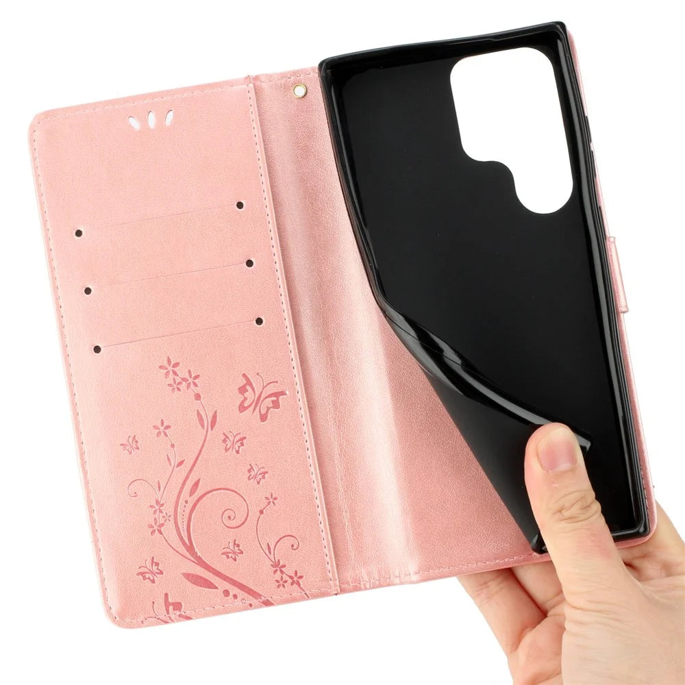 For Samsung Galaxy S23 Ultra Imprinting Flower Butterflies Stand Wallet Case Anti-scratch PU Leather Folio Flip Case - Rose Gold - 3