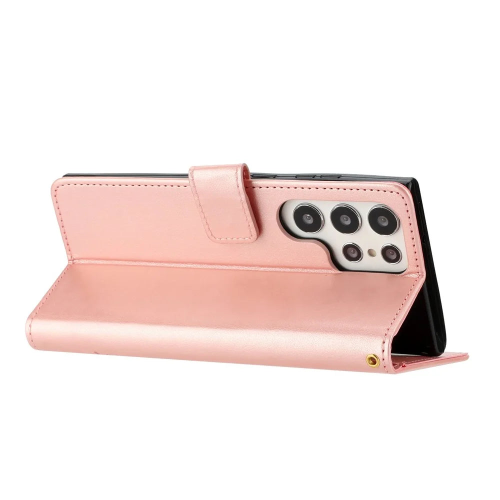 For Samsung Galaxy S23 Ultra Imprinting Flower Butterflies Stand Wallet Case Anti-scratch PU Leather Folio Flip Case - Rose Gold - 4