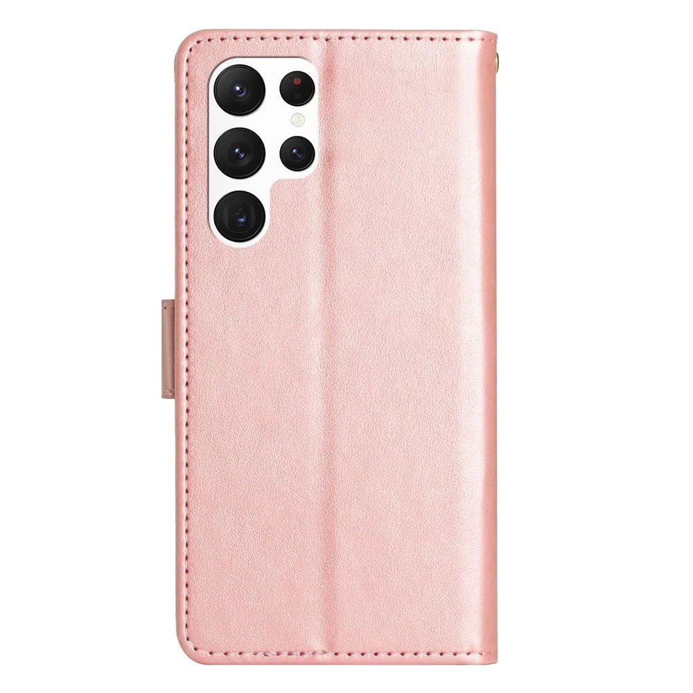 For Samsung Galaxy S23 Ultra Imprinting Flower Butterflies Stand Wallet Case Anti-scratch PU Leather Folio Flip Case - Rose Gold - 7