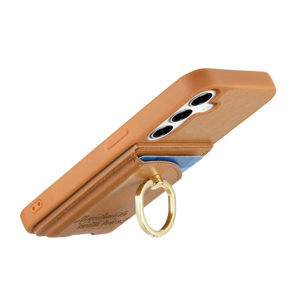 For Samsung Galaxy S25+ / S24+ Case Card Holder Rhinestone Ring Holder Kickstand Leather Back Phone Cover - Brown - 3