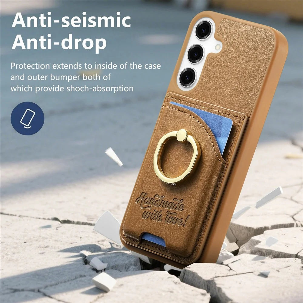 For Samsung Galaxy S25+ / S24+ Case Card Holder Rhinestone Ring Holder Kickstand Leather Back Phone Cover - Brown - 6