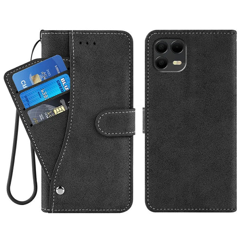 For T-Mobile Revvl 8 Pro Case Retro PU Leather Wallet Phone Cover with Rotating Card Slots Holder - Black - 1