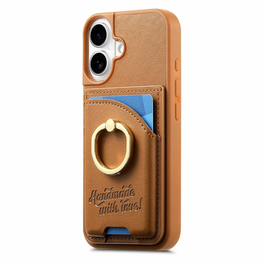 For iPhone 17 Case Card Holder Rhinestone Ring Holder Kickstand Leather Back Phone Cover - Brown - 1