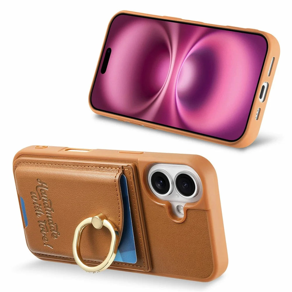 For iPhone 17 Case Card Holder Rhinestone Ring Holder Kickstand Leather Back Phone Cover - Brown - 4