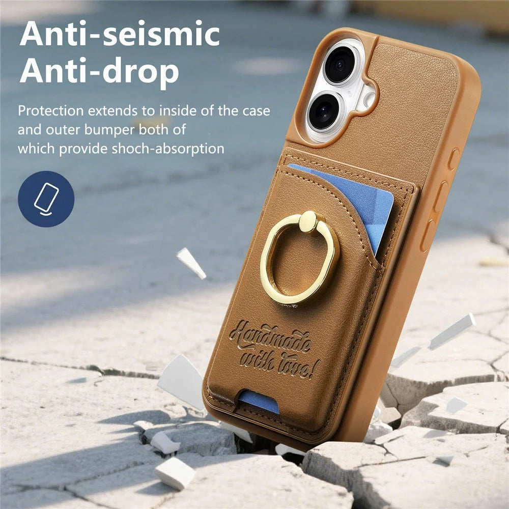 For iPhone 17 Case Card Holder Rhinestone Ring Holder Kickstand Leather Back Phone Cover - Brown - 6