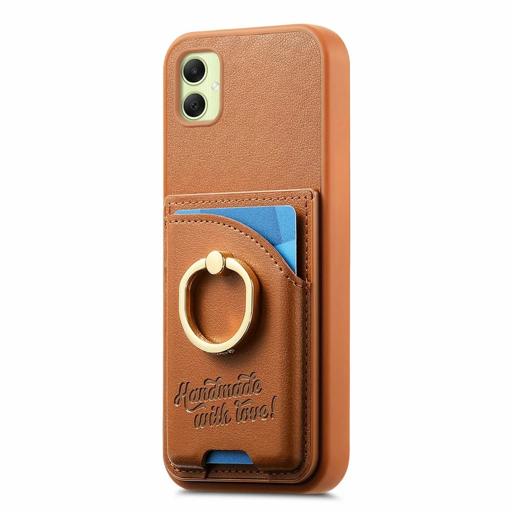 For Samsung Galaxy A06 4G Case Card Holder Rhinestone Ring Holder Kickstand Leather Back Phone Cover - Brown - 1