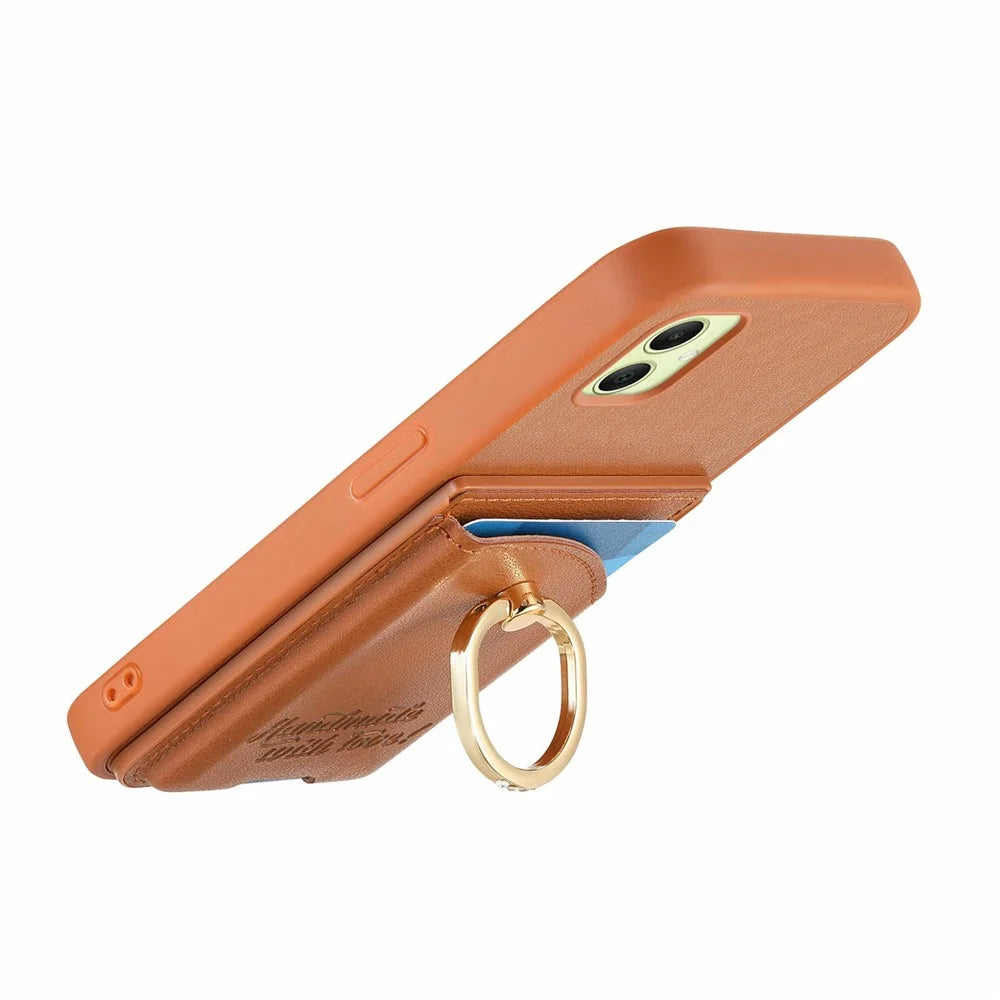 For Samsung Galaxy A06 4G Case Card Holder Rhinestone Ring Holder Kickstand Leather Back Phone Cover - Brown - 3