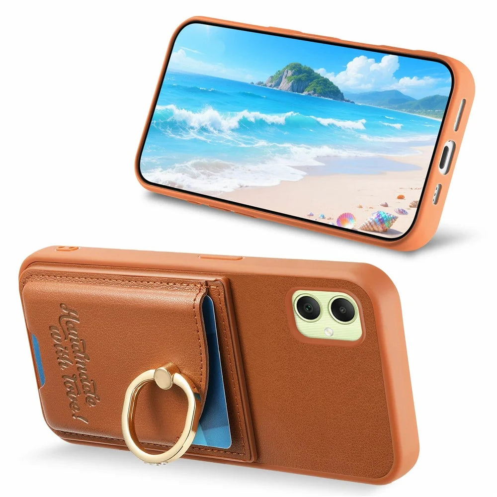 For Samsung Galaxy A06 4G Case Card Holder Rhinestone Ring Holder Kickstand Leather Back Phone Cover - Brown - 4
