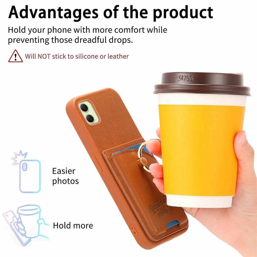 For Samsung Galaxy A06 4G Case Card Holder Rhinestone Ring Holder Kickstand Leather Back Phone Cover - Brown - 5