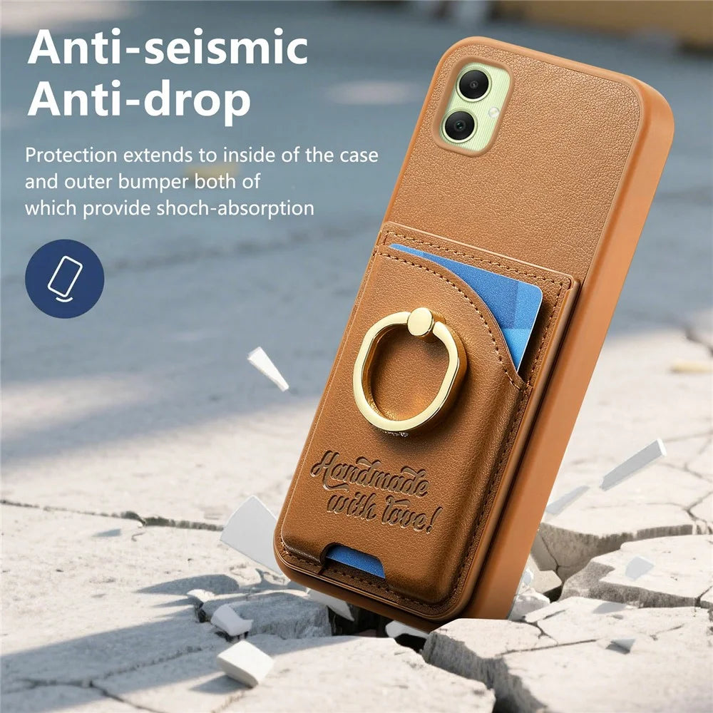For Samsung Galaxy A06 4G Case Card Holder Rhinestone Ring Holder Kickstand Leather Back Phone Cover - Brown - 6