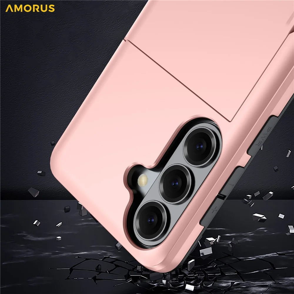 AMORUS For Samsung Galaxy S26+ Case with Sliding Card Holder PC TPU Phone Back Cover - Rose Gold - 4