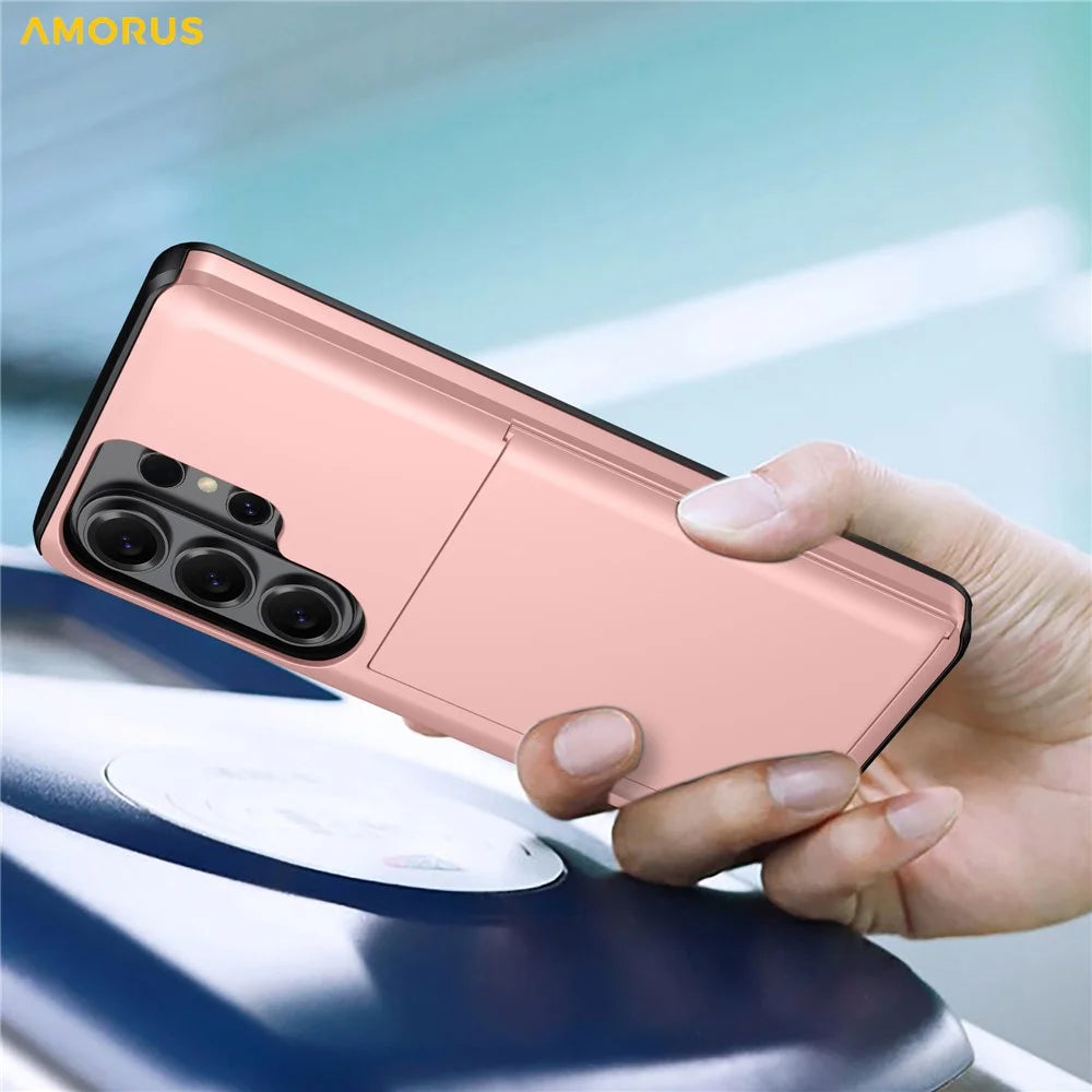 AMORUS For Samsung Galaxy S26 Ultra Case with Sliding Card Holder PC TPU Phone Back Cover - Rose Gold - 2