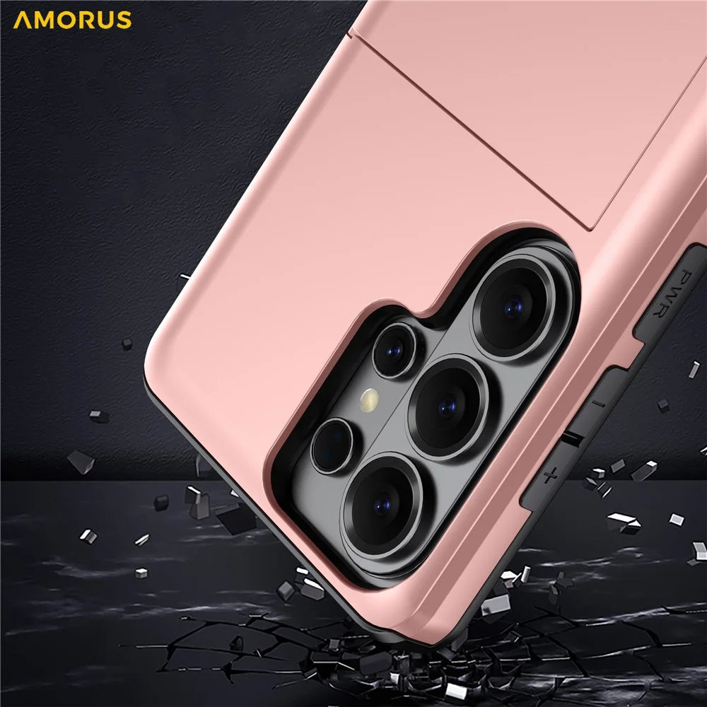AMORUS For Samsung Galaxy S26 Ultra Case with Sliding Card Holder PC TPU Phone Back Cover - Rose Gold - 4