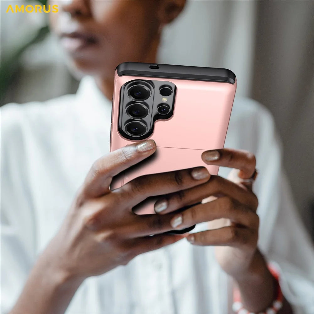 AMORUS For Samsung Galaxy S26 Ultra Case with Sliding Card Holder PC TPU Phone Back Cover - Rose Gold - 5