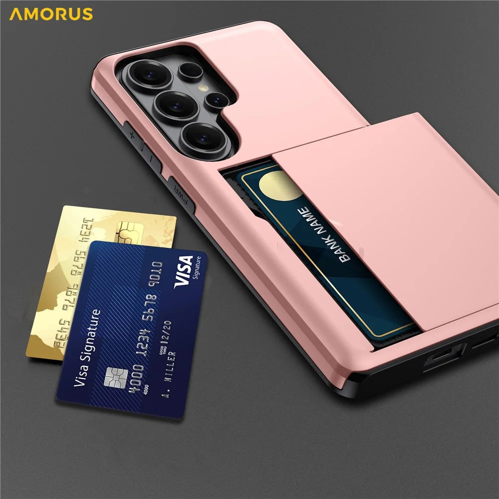 AMORUS For Samsung Galaxy S26 Ultra Case with Sliding Card Holder PC TPU Phone Back Cover - Rose Gold - 6