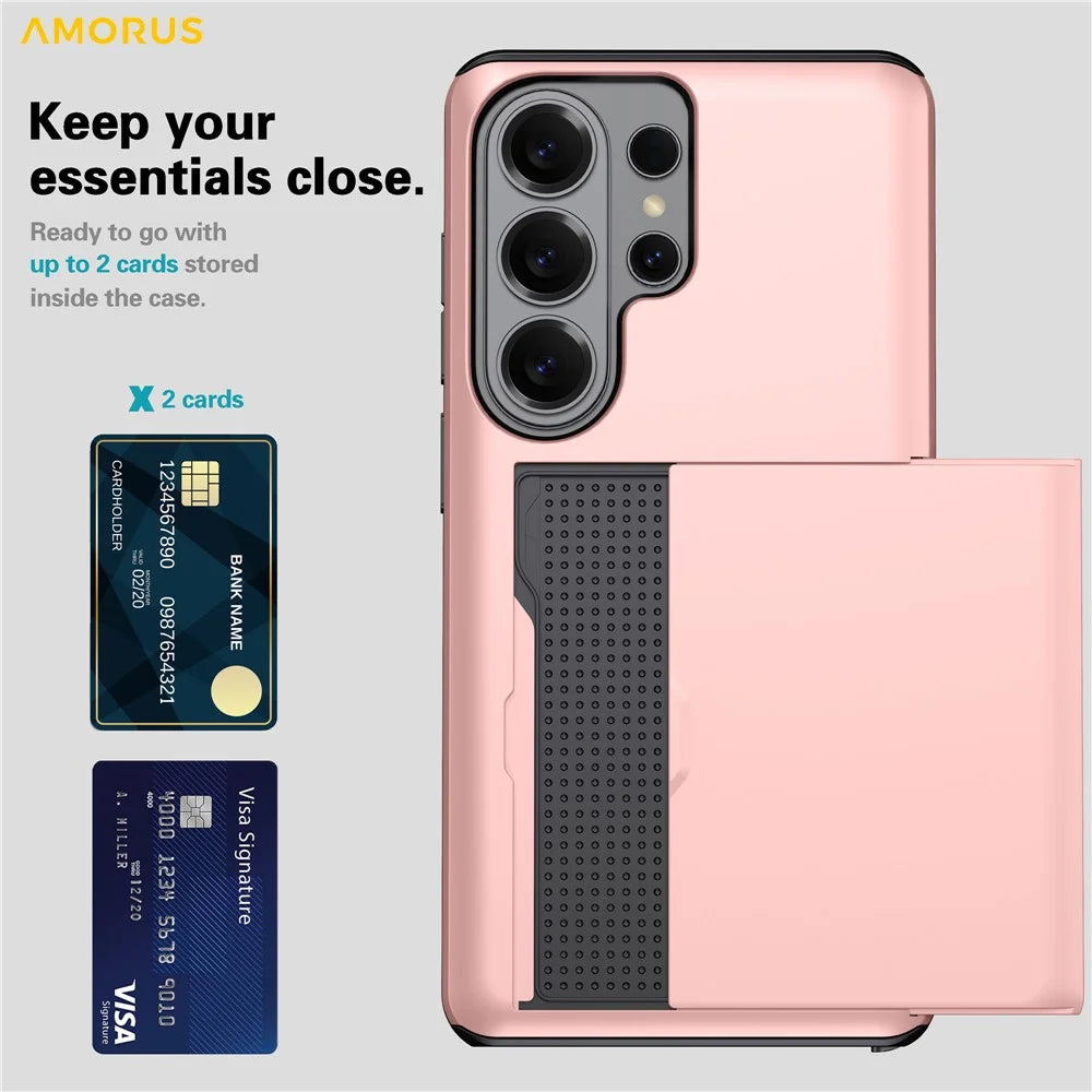 AMORUS For Samsung Galaxy S26 Ultra Case with Sliding Card Holder PC TPU Phone Back Cover - Rose Gold - 7