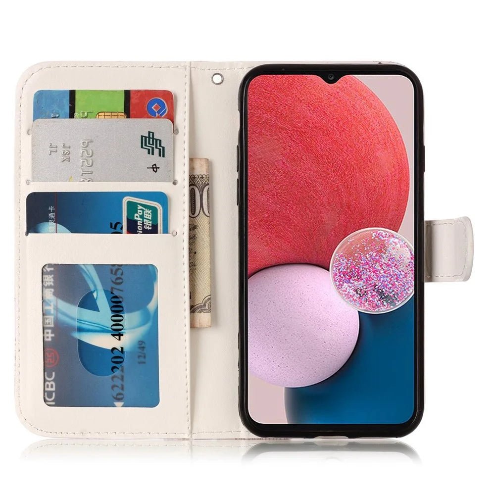 For Samsung Galaxy A04s 4G (164.7mm) Pattern Embossed Phone Case PU Leather TPU Wallet Case with Stand / Hand Strap - Flower - 2