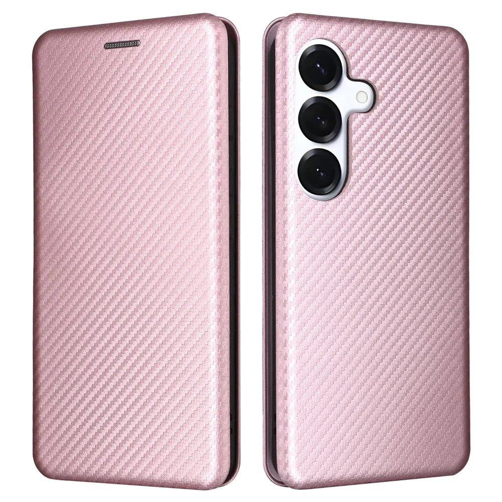 For Samsung Galaxy S26 Case Carbon Fiber Texture Drop-Proof PU Leather Phone Cover - Rose Gold - 1